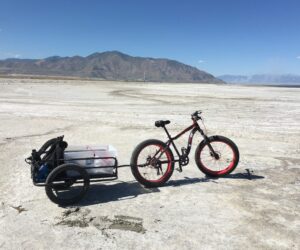Salty Science Series panelist Dr. Perry's bike on the Great Salt Lake.