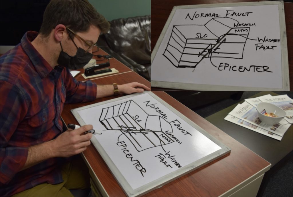 A man sitting at a desk illustrates a fault line on a whiteboard. In geology, a fault line defines a crack in the Earth’s crust wherein eachside of the crack moves away from one another.