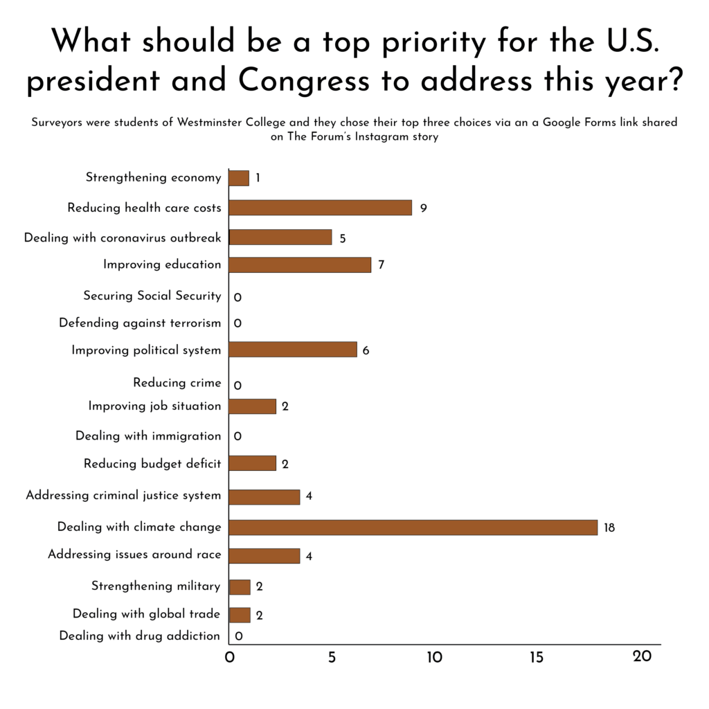 A breakdown of Westminster College students responding to the question of what should be a top priority for the president and Congress to address this year, from a Pew Research Center study. Title reads “What should be a top priority for the president and Congress to address this year.”
