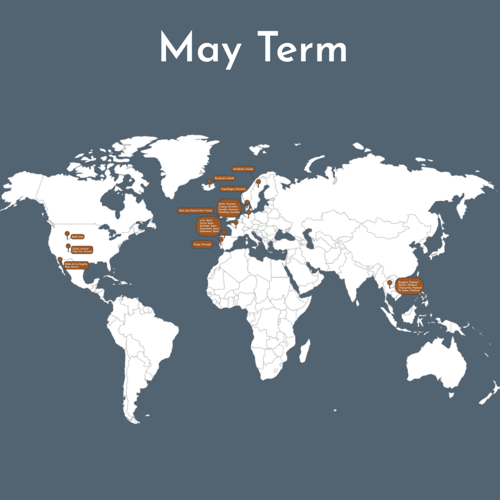 This graphic depicts May-Term locations ranging from Bluff, Utah to Bangkok, Kalasin, Chiang Mai, and Ko Samet, in Thailand.